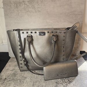 Michael Kors Metallic Leather Sandrine Tote Studded Shoulder Bag & Wallet